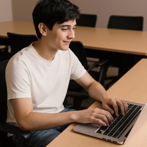 10대 초반의 라틴계 남성이 따뜻한 분위기의 사무실 회의 테이블에 앉아 있는 반신샷입니다. 그는 편안한 티셔츠와 청바지를 입고 친근한 표정을 지으며 노트북에서 이메일을 작성하고 있어 친근하고 생산적인 분위기를 자아냅니다.