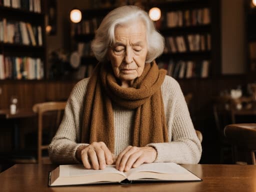 부드러운 주름과 흰 머리를 가진 70세 한국인 여성이 아늑한 카페에 앉아 있습니다. 그녀는 니트 스웨터와 슬랙스를 입고 따뜻한 색상의 스카프를 두르고 있으며, 슬픈 표정을 지으며 나무 테이블 위에 놓인 책의 페이지를 조심스럽게 넘기며 깊은 생각에 잠겨 있습니다. 주변은 독서 분위기가 느껴지는 아늑한 환경입니다.