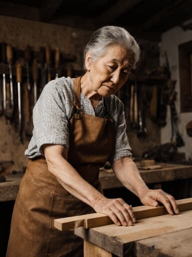 60대 혼혈 여성이 전통 목공 작업복을 입고 작업대에 놓인 목재를 만지며 깊은 생각에 잠긴 표정을 짓고 있는 반신 촬영. 배경은 다양한 도구가 걸려 있는 전통적인 목공 작업실로, 장인 정신과 깊은 생각을 강조하는 분위기를 만들어낸다.