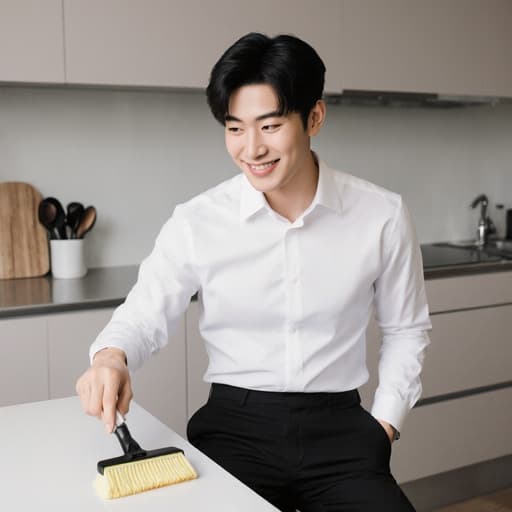 20대 세련된 아시아계 남성이 현대적인 주방에 앉아 있으며, 깔끔한 화이트 셔츠와 블랙 슬랙스를 입고 있습니다. 자신감 있는 미소를 지으며 테이블 위의 청소 도구를 가볍게 만지작거리고 있고, 깨끗하고 정돈된 주방 환경이 그의 매력을 강조합니다.