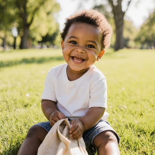 햇살이 비추는 공원에서 잔디 위에 앉아 있는 사랑스러운 1살의 흑인 남자아이가 즐거운 표정으로 웃고 있습니다. 그는 편안한 티셔츠와 반바지를 입고 있으며, 다리를 뻗고 옆에 있는 가방과 장난치고 있습니다. 주변의 푸른 잔디와 나무들이 이 기분 좋은 분위기를 더욱 살려주고 있습니다.