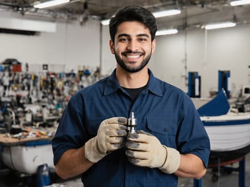 어선 정비를 위한 작업복을 입고 있는 20대 중동계 남성이 작업장 배경에서 자신감 있게 미소를 지으며 부품을 들고 있는 모습, 전문적이고 친근한 분위기를 담고 있습니다.