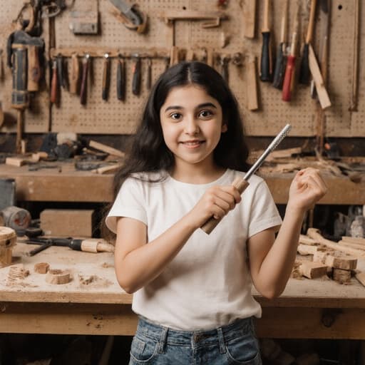 중동계 10대 초반 소녀의 반신 사진으로, 자연스러운 외모를 가진 그녀는 편안한 티셔츠와 청바지를 입고 있습니다. 놀란 표정으로 약간 미소를 지으며 목공 도구를 손에 들고 인사하는 자세를 취하고 있습니다. 배경은 잘 정리된 목공 도구와 나무 조각들이 놓인 작업대로, 그녀의 도구와의 상호작용을 잘 보완하는 아늑한 작업실 분위기를 만들어냅니다.