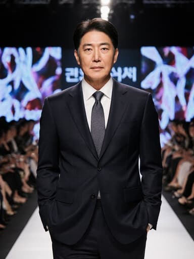 50대 한국인 남성이 편안한 표정으로 세련된 정장과 넥타이를 착용하고 있는 모습이 반신 촬영으로 담겨 있습니다. 그의 손은 주머니에 자연스럽게 넣어져 있으며, 화려한 조명과 관객들이 있는 패션쇼 런웨이를 배경으로 하여 우아하고 흥미로운 분위기를 자아내고 있습니다.