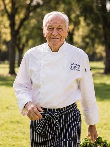 전통적인 조리복을 입고 미소를 짓고 있는 70대 백인 남성의 전신 사진. 그는 재료를 들고 걷고 있으며, 햇살이 비추는 공원에서 촬영되었고, 배경에는 푸른 잔디와 나무들이 있어 따뜻하고 초대하는 분위기를 자아낸다.