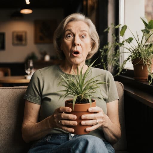 40대 유럽계 여성이 아늑한 카페의 소파에 앉아 자연스러운 외모로 편안한 티셔츠와 청바지를 입고 있습니다. 그녀는 손에 식물 화분을 들고 놀란 표정으로 눈을 크게 뜨고 있습니다. 배경은 창가에 식물이 놓인 따뜻한 카페 분위기를 보여주며 자연과의 연결을 강조합니다.