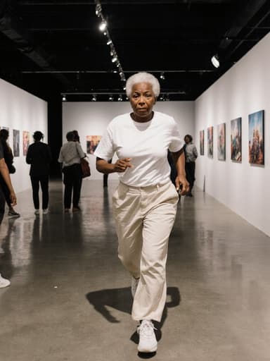 이미지에는 현대적인 전시 공간에서 편안한 티셔츠와 가벼운 바지를 입은 60대 아프리카계 여성이 등장합니다. 그녀는 걱정스러운 표정을 지으며 카메라를 향해 달려오고 있으며, 벽에는 다양한 사진 작품들이 걸려 있어 활기찬 예술적 분위기를 자아내고 있습니다.