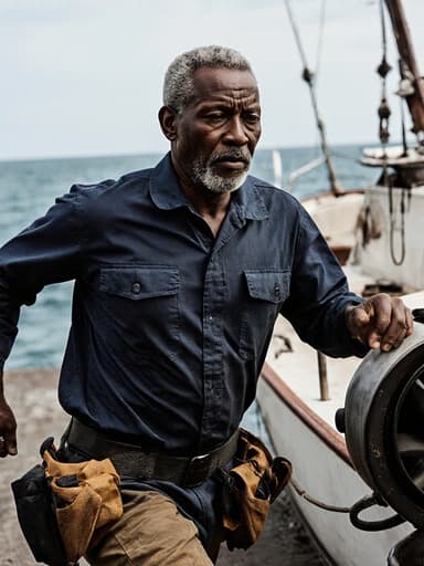 40대 아프리카계 남성이 작업복을 입고 어선의 엔진으로 달려가고 있으며, 힘든 작업에 대한 스트레스를 나타내는 표정을 짓고 있습니다. 배경은 어선 정비소 근처의 아름다운 바다 풍경으로, 해양 노동의 본질을 포착하고 있습니다.