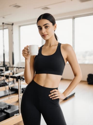 10대 후반의 중동계 여성이 자연스러운 외모로 우아하게 커피를 즐기고 있는 반신 사진입니다. 그녀는 편안한 필라테스 복장과 요가 팬츠를 착용하고 있으며, 한 손으로 커피 컵을 들고 다른 손은 허리에 얹고 있습니다. 배경은 운동 기구가 배치된 밝고 넓은 필라테스 센터로, 그녀의 편안한 느낌을 잘 나타내는 초대하는 분위기를 만들어냅니다.