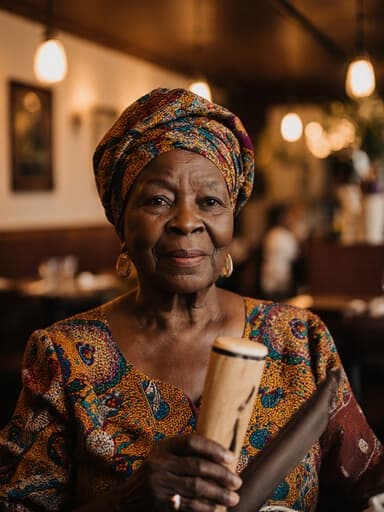 70대의 아프리카계 여성, 화려한 패턴의 전통 의상을 입고, 아늑한 카페에서 반신 촬영된 모습. 그녀는 전통 악기를 가볍게 흔들며 깊은 생각에 잠긴 듯한 표정을 짓고, 따뜻한 분위기를 자아낸다.