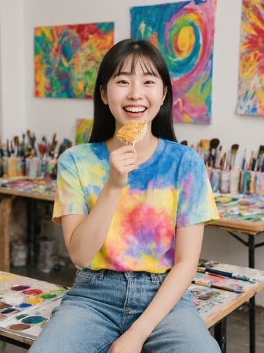 자신감 넘치는 10대 초반의 한국인 소녀가 화려한 예술 공간에서 밝게 미소 지으며 한 손에는 페인트 브러시를, 다른 손에는 음식을 들고 있습니다. 편안한 티셔츠와 청바지를 입고 있으며, 다양한 예술 작품으로 가득한 배경이 그녀의 창의적인 에너지를 반영합니다.