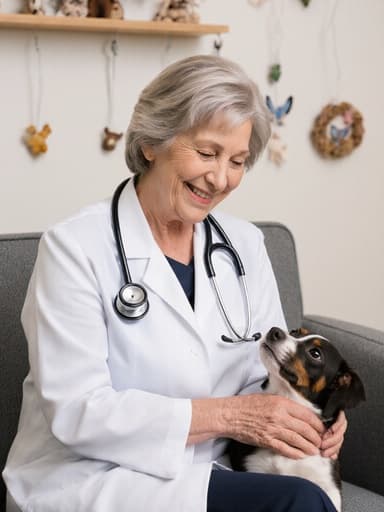 50대 백인 여성으로 자연스러운 외모를 가진 모델이 의사 가운을 입고 목에 청진기를 걸친 채, 밝고 아늑한 동물 병원 대기실에서 작은 개를 귀엽게 바라보며 손으로 쓰다듬고 있습니다. 배경에는 편안한 소파와 다양한 동물 관련 장식이 있어 그녀의 따뜻하고 전문적인 태도를 강조하는 환영하는 분위기를 만들어냅니다.