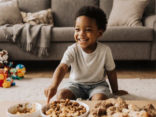 7세 아프리카계 남성이 귀여운 외모로 아늑한 거실 바닥에 앉아 있습니다. 그는 캐주얼한 티셔츠와 반바지를 입고 있으며, 앞에 있는 식탁의 음식을 가리키며 귀엽게 웃고 있습니다. 그의 표정은 순수한 행복과 호기심을 드러내고 있습니다. 배경에는 편안한 소파와 장난감들이 흩어져 있어 따뜻한 분위기를 연출하고 있습니다.