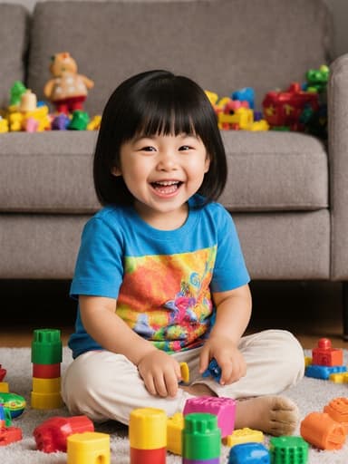 사랑스러운 3세 아시아계 여자아이가 아늑한 거실에서 장난감을 가지고 즐겁게 놀고 있습니다. 그녀는 화려한 티셔츠와 편안한 바지를 입고 있으며, 다리를 뻗고 앉아 장난감을 가지고 놀며 행복한 미소를 짓고 있습니다. 따뜻하고 초대하는 분위기 속에서 어린 시절의 행복한 본질을 잘 담고 있습니다.