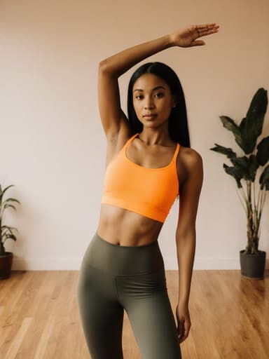 이미지는 10대 후반의 혼혈 여성으로, 밝은 요가복을 입고 우아하게 요가 자세를 취하는 모습을 담고 있습니다. 아늑하고 조명이 밝은 요가 수업실에서 나무 바닥과 식물들로 둘러싸인 이 모습은 자신감과 평온함을 전달합니다.