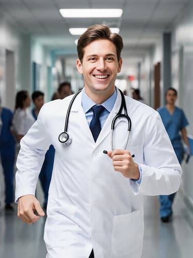 30대 유럽계 남성이 의사 가운과 청진기를 착용하고 병원의 복도를 빠르게 달려가며 자연스러운 미소로 환자를 맞이하는 모습, 환자와 의료진이 오가는 바쁜 분위기 속에서 헌신적인 의료인의 모습을 담은 전체 바디 샷.