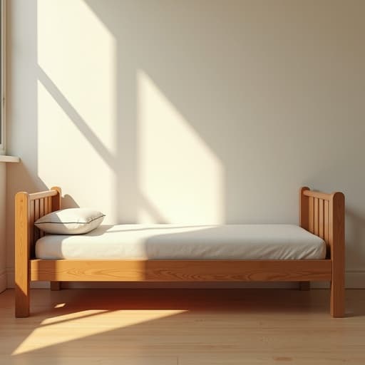 포근한 패브릭으로 덮인 싱글 침대와 간결한 나무 프레임이 있는 밝은 실내에서 창문을 통해 자연광이 쏟아져 바닥에 그림자를 드리우며 따뜻하고 아늑한 분위기를 자아냅니다.