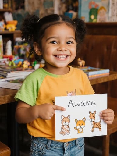 화사한 티셔츠와 편안한 청바지를 입은 3세 혼혈 소녀의 매력적인 반신샷. 그녀는 즐거운 미소를 지으며 동물 그림이 그려진 플래카드를 들고 장난스럽게 가리키고 있는 모습으로, 아늑한 카페 안에서 동물 관련 책과 장난감이 놓인 테이블을 배경으로 하고 있습니다.