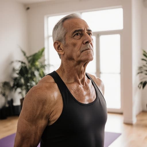 50대의 라틴계 남성이 요가 매트 위에 서서 편안한 요가복을 착용하고 있습니다. 그는 약간의 땀을 흘리며 스트레스를 받은 표정으로 긴장된 순간을 표현하고 있습니다. 부드러운 조명과 식물이 어우러진 차분한 요가 수업실 배경이 전체적인 분위기와 조화를 이루며 편안함과 기대감을 더합니다.