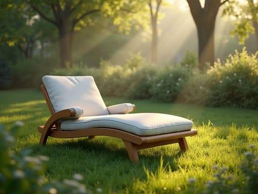 이슬이 맺힌 아침 정원에 놓인 라운지 체어, 나무 사이로 부드러운 햇빛이 비치며 차분한 분위기를 연출합니다.