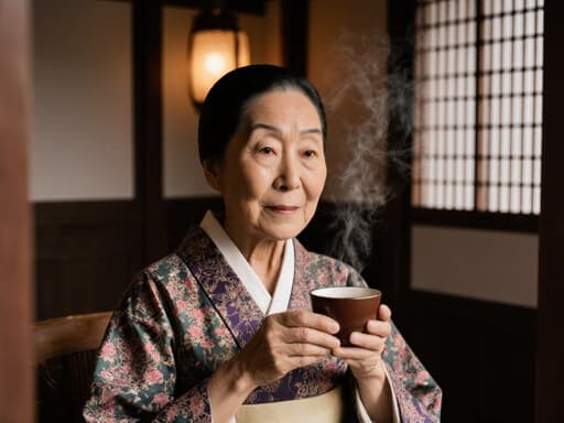 70대 혼혈 여성의 반신 사진으로, 전통 한복을 우아하게 입고 아늑한 전통 찻집에 편안하게 앉아 있습니다. 그녀는 손에 차를 들고 있으며, 지혜로운 표정을 짓고 있습니다. 찻집의 따뜻하고 초대하는 분위기가 그녀의 우아한 존재감을 더욱 돋보이게 하며, 부드럽고 자연스러운 조명이 그녀의 의상과 주변의 풍부한 질감을 강조합니다.