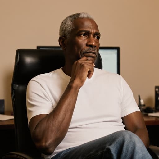 50대 흑인 남성이 자연스러운 모습으로 편안한 티셔츠와 청바지를 입고 반신 촬영을 하고 있습니다. 개인 사무실에 앉아 손을 턱에 괴고 걱정스러운 표정을 짓고 있으며, 배경에는 책상과 컴퓨터가 배치되어 있어 그의 감정과 잘 어울리는 전문적인 분위기를 자아냅니다.