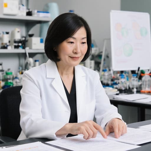 세련된 외모의 40대 아시아계 여성 과학자가 실험실 코트와 블라우스를 입고 현대적인 연구 센터의 책상에 앉아 연구 자료를 검토하고 있습니다. 그녀는 자신감 넘치는 표정으로 문서에 손가락을 가리키고 있으며, 배경에는 첨단 실험 장비와 화이트보드가 있습니다.