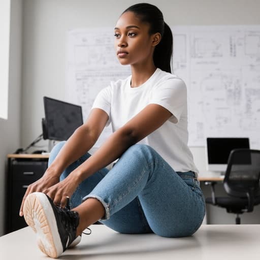 현대적인 건축 사무소에서 스트레칭을 하고 있는 10대 후반의 아프리카계 여성의 반신 촬영. 편안한 티셔츠와 청바지를 입고 있으며, 배경에는 디자인 도면과 컴퓨터가 있어 창의적이고 생산적인 분위기를 강조합니다.