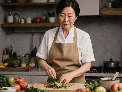 60대 동양인 여성이 주방용 앞치마를 착용하고 간편한 셔츠를 입고 차분한 표정으로 음식을 준비하는 모습이 반신 샷으로 담겨 있습니다. 깔끔한 조리대가 배경으로 보이며, 다양한 주방 도구와 신선한 식재료가 정돈되어 있어 따뜻하고 초대하는 분위기를 만들어냅니다.