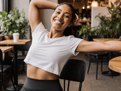 아늑한 카페에서 스트레칭을 하며 긍정적인 표정을 짓고 있는 혼혈 10대 소녀의 반신 사진. 편안한 운동복을 입고 스타일과 휴식을 모두 갖춘 모습이 따뜻하고 아늑한 배경과 잘 어우러집니다.