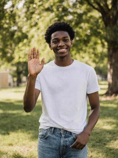 햇볕이 잘 드는 공원에서 편안한 티셔츠와 청바지를 입고 있는 자신감 넘치는 10대 초반의 흑인 남성이 서 있습니다. 그는 자연스러운 외모와 우아한 표정을 지으며 한 손을 들어 친근한 인사를 하고 있어 매력적인 분위기를 자아냅니다.
