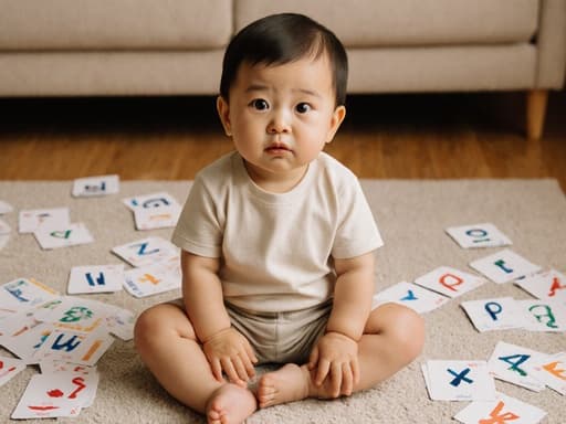아늑한 거실에 앉아 있는 1세 남성 동양인 아기의 반신 사진으로, 편안한 면 티셔츠와 반바지를 입고 불안한 표정을 지으며 눈을 크게 뜨고 알파벳 카드가 흩어져 있는 바닥에서 요가 자세를 취하고 있습니다. 거실의 따뜻한 분위기가 장면의 매력을 더합니다.