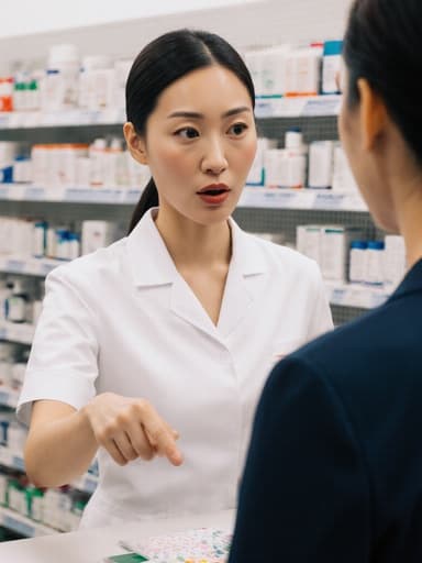 30대 아시아계 여성이 전문적인 약사복을 입고 고객과 상담하면서 놀란 표정을 짓고 있는 반신 촬영의 이미지입니다. 그녀는 약국의 진열대에서 약품을 가리키며, 다양한 약이 정리된 환경 속에서 따뜻하고 초대하는 분위기를 자아냅니다.