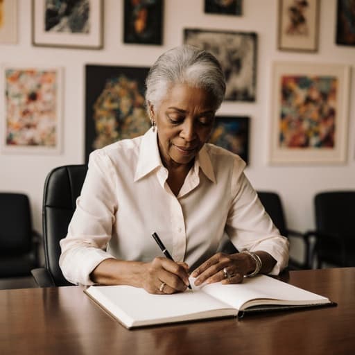 60대 흑인 여성의 반신 사진. 세련된 블라우스와 편안한 팬츠를 입고 회의실 테이블에 앉아 있으며, 열린 노트북에서 아이디어를 스케치하며 몰두하고 있습니다. 갤러리의 예술 작품들이 그녀를 둘러싸고 있어 창의적인 분위기를 더하고 있습니다.