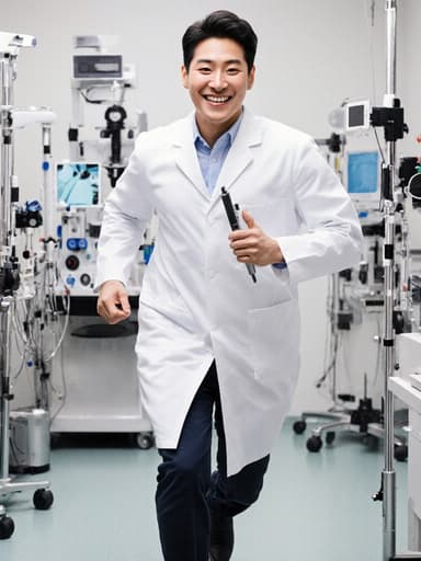 30대 동양인 남성이 의사 가운을 입고 의료 장비를 들고 달리고 있는 모습입니다. 그의 행복한 표정은 의료 분야에 대한 헌신을 반영합니다. 배경에는 다양한 의료 장비가 구비된 병원의 검사실이 있어 전문적이고 역동적인 분위기를 강조합니다.