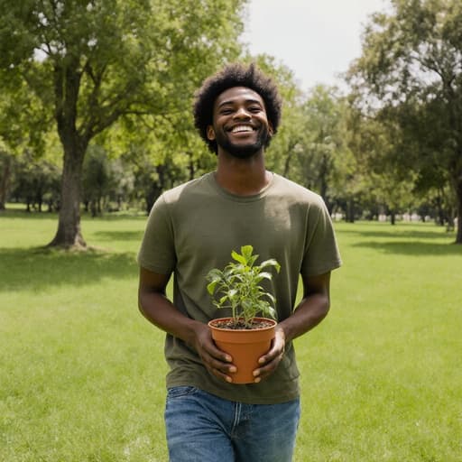 열정적인 10대 후반 아프리카계 남성이 공원에서 걷고 있는 모습이 반신 샷으로 담겨 있습니다. 그는 편안한 티셔츠와 청바지를 입고 한 손에 작은 식물이 담긴 화분을 들고 밝게 웃고 있습니다. 푸른 잔디와 다양한 나무들이 배경을 이루어 자연과의 연결감을 더욱 강조합니다.