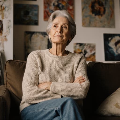 60대 백인 여성이 아늑한 아트 스튜디오의 소파에 편안하게 앉아 있는 반신 사진. 그녀는 편안한 니트 스웨터와 청바지를 착용하고 있으며, 자연스러운 외모를 지니고 있습니다. 팔짱을 끼고 약간 앞으로 기울이며 깊은 생각에 잠긴 표정을 짓고 있습니다. 아트 스튜디오의 따뜻한 분위기는 그녀의 사색적인 기분을 잘 드러내며, 주제와 환경 간의 조화로운 균형을 만들어냅니다.