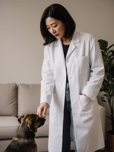40대 동양인 여성이 간편한 의사 가운과 청바지를 입고 편안한 동물 병원 대기실에서 작은 동물을 평온하게 바라보며 기다리고 있는 모습. 대기실은 편안한 소파와 식물로 꾸며져 아늑한 분위기를 만들어냅니다.