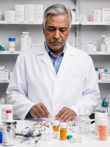 50대 혼혈 남성이 의약품 검수를 위한 흰색 실험복을 착용하고, 조제실 작업대에서 약품을 점검하며 고민하는 표정을 지은 모습의 반신 사진. 깔끔하게 정리된 의약품과 의료기구들이 배경에 있어 전문적이고 집중된 분위기를 만들어냅니다.