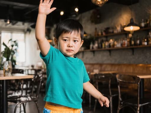 귀여운 외모를 가진 3세 아시아계 남성의 반신 촬영, 밝은 색상의 티셔츠와 반바지를 입고 있습니다. 슬픈 표정으로 눈물이 뚝뚝 흘러내리고 있으며, 하늘로 손을 올리며 춤추는 자세를 취하고 있습니다. 배경은 테이블과 의자가 있는 아늑한 카페 내부로, 이 장면의 감정적 영향을 더욱 강조하며 따뜻한 분위기를 제공합니다.