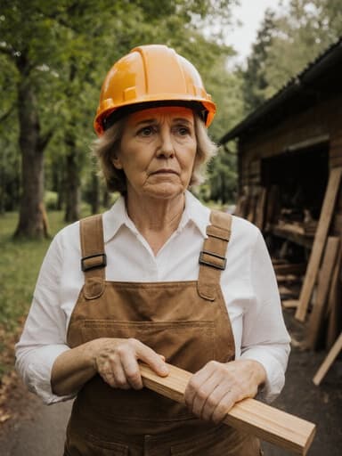 40대 유럽계 여성이 목재 작업복과 안전모를 착용하고, 조용한 공원에서 목재를 들고 걷고 있는 모습. 그녀는 작업 환경을 탐색하며 걱정스러운 표정을 짓고 있다.
