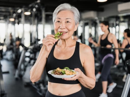 60대 동양인 여성이 세련된 운동복을 입고 건강한 음식을 맛있게 즐기고 있는 반신 사진. 활기찬 피트니스 센터의 운동 기구와 운동하는 사람들로 가득 찬 배경 속에서 건강한 라이프스타일을 나타내고 있습니다.