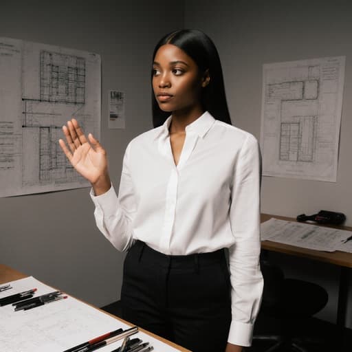 한 손을 앞으로 내밀어 인사하는 자세를 취하며, 고민하는 표정을 짓고 있는 10대 후반의 흑인 여성의 반신 사진입니다. 흰색 블라우스와 검정색 바지를 입고 있으며, 배경은 건축 도면과 설계 도구들이 있는 현대적인 설계실을 보여줍니다. 전문적이고 창의적인 분위기를 자아냅니다.