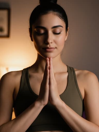 20대 중동계 여성이 편안한 요가복을 입고 있으며, 가슴 앞에서 손을 모으고 인사하는 자세를 취하고 있습니다. 그녀의 표정은 차분하고 편안하며, 아늑한 명상 공간에서 부드러운 자연광이 들어와 전체적으로 고요한 분위기를 연출하고 있습니다.