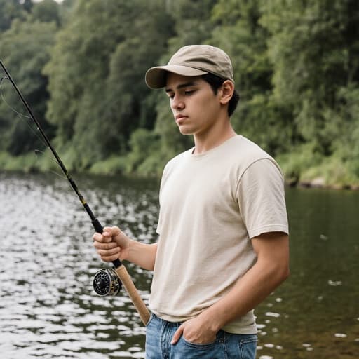 자연스러운 외모를 가진 10대 후반의 라틴계 남성이 편안한 티셔츠와 낚시 모자를 쓰고 청바지를 입고 있는 반신 샷입니다. 그는 의기소침한 표정을 짓고 있으며, 한 손으로 낚시대를 들고 다른 손은 주머니에 넣고 있습니다. 배경은 자연 풍경이 보이는 낚시터로, 물가와 푸른 식물들이 어우러져 평화롭고 초대하는 분위기를 자아냅니다.