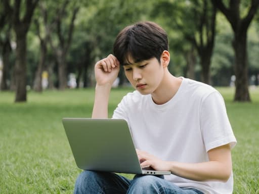 10대 초반 한국인 남성이 자연스러운 외모로 반신샷으로 촬영되었습니다. 그는 편안한 티셔츠와 청바지를 입고 한 손에 노트북을 들고, 실망한 표정을 지으며 고개를 숙이고 생각에 잠긴 자세를 취하고 있습니다. 배경은 푸른 잔디와 나무들이 있는 평화로운 공원으로, 사색과 반성의 분위기를 만들어냅니다.
