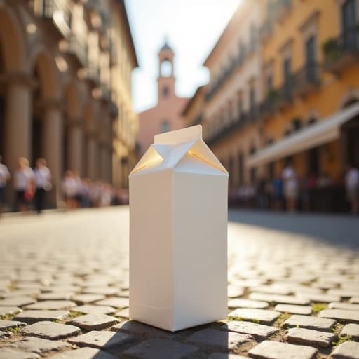 우유 팩, 역사적인 건물이 있는 이탈리아의 자갈 광장, 따뜻한 햇살, 부드러운 그림자