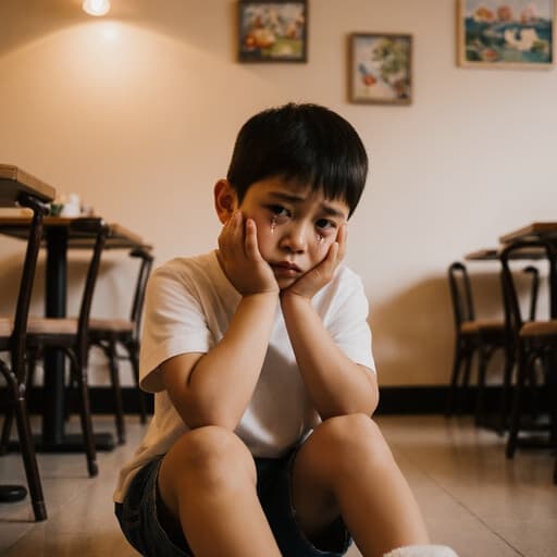 귀여운 7세 혼혈 남자아이가 따뜻한 카페 바닥에 앉아 있습니다. 편안한 티셔츠와 반바지를 입고 있으며, 눈에서는 눈물이 글썽이고 얼굴을 손으로 감싸고 있습니다. 카페 안에는 아기자기한 테이블과 의자들이 놓여 있고, 벽에는 귀여운 그림들이 걸려 있어 그 아이의 감정을 강조하는 포근한 분위기를 만들어냅니다.