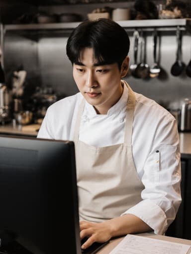 흰색 조리복과 앞치마를 착용한 20대 한국 남성 요리사가 잘 갖춰진 식당 주방에서 컴퓨터로 레시피를 확인하며 편안한 표정을 짓고 있는 모습, 따뜻하고 초대하는 분위기를 연출합니다.