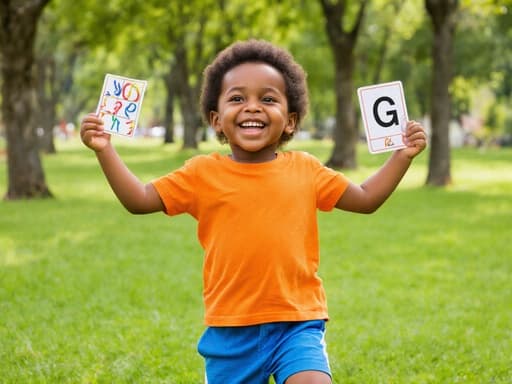 밝은 티셔츠와 반바지를 입고, 알파벳 카드를 들고 춤추며 행복한 표정을 짓고 있는 3세 흑인 남성의 반신 사진. 푸른 잔디와 나무가 있는 공원에서 촬영되었습니다.